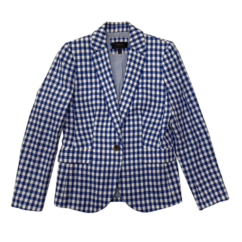J Crew Campbell 100%‎ Linen Blazer Gingham Check Womens 4 Blue Single Button